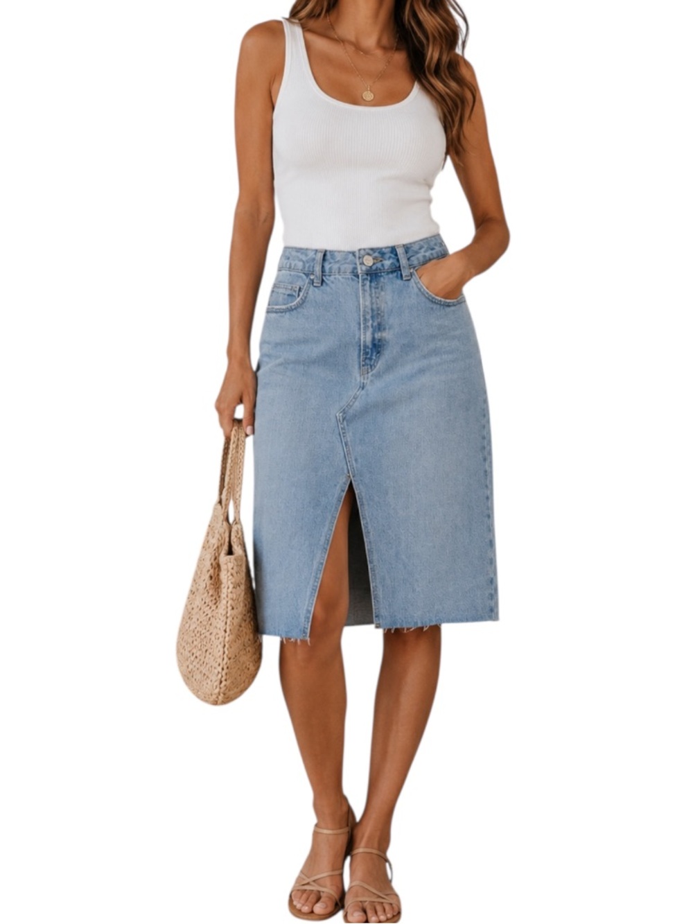 Refuge Denim Pencil Midi Skirt Light Wash 100% Cotton Raw Hem Size Large NWT